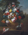 Roses, tulips, carnations, chrysanthemums and other flowers in a classical urn, on a ledge - Gasparo Lopez