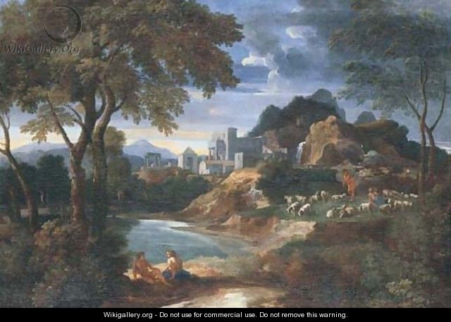 An Italianate river landscape with a villa and shepherds resting with their flock by a pond - Gaspard Dughet Poussin