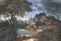 An Italianate river landscape with a villa and shepherds resting with their flock by a pond - Gaspard Dughet Poussin