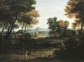 An Italianate landscape with washerwomen and a shepherd and a church spire beyond - Gaspard Dughet Poussin