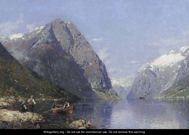 A Norwegian fjord in summer, with children fishing in the foreground - Georg Anton Rasmussen