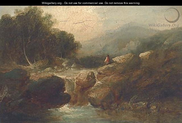 An angler in a river landscape - George Armfield