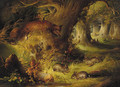 A fox with rabbits in a wood - George Armfield
