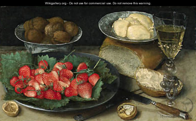 Strawberries on a Plate, Walnuts in a porcelain Bowl, Butter on a Plate, a Loaf of Bread, a faon de venise Wine Glass, a Knife and a Fork on a Table - Georg Flegel