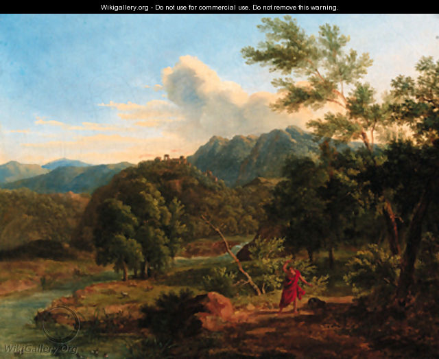 A classical landscape with a man fighting off a serpent - French School