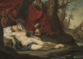 A wooded river landscape with two satyrs discovering the sleeping Diana with Cupid - French School