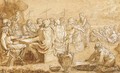 Aeneas and his followers seated around a table - French School