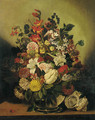 Summer flowers in a glass vase on a table - French School