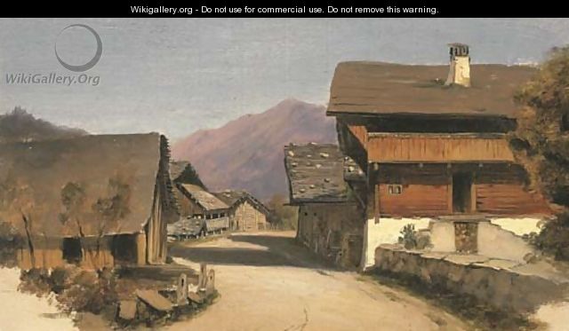 A village street in an Alpine landscape - French School