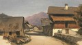 A village street in an Alpine landscape - French School