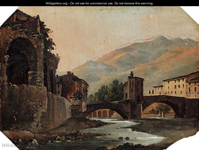 A view of Bagni di Lucca and A road through a gorge with ruins on a mountain beyond - French School