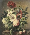 Roses and other flowers in a vase on a pedestal - French School