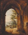 A Gothic archway with peasants unloading a boat in a river landscape - French School