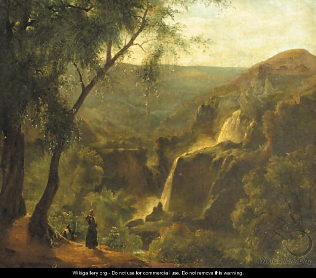 Monks standing on a wooded outcrop overlooking a rivervalley, a waterfall nearby - French School