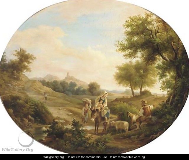 Travellers on the way home from market in an Italianate landscape - Friedrich Johann Voltz