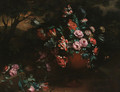 Parrot tulips, roses and carnations in an urn before a wooded landscape - French School