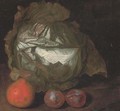 A cabbage with a pear and plums - French School