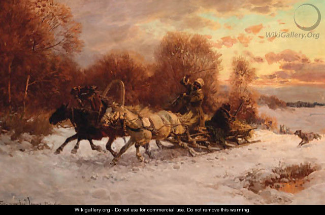 Hunters in a winter landscape being pursued by wolves - Fritz van der Venne