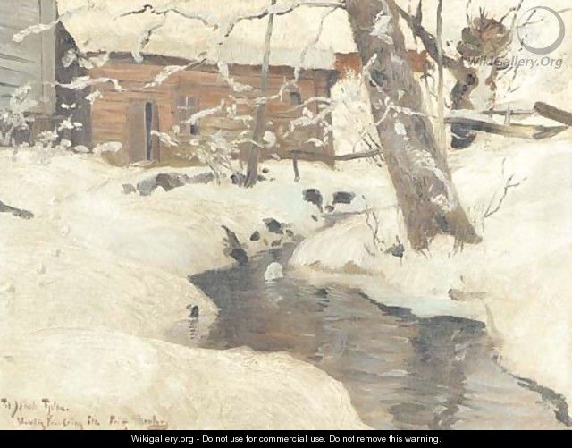 A snow-covered cottage by a stream - Fritz Thaulow