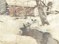 A snow-covered cottage by a stream - Fritz Thaulow