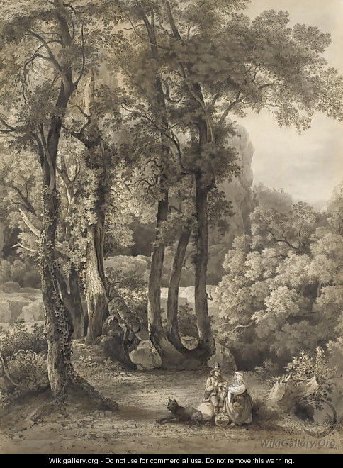 A seated couple and their dog in a glade - Friedrich Salathe