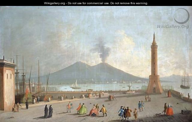 The Lanterna del Molo, Naples, with figures, the bay and Vesuvius beyond - Gabriele Ricciardelli