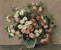 Pink And White Roses In A Vase On A Table - Alexandre Gabriel Decamps