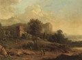 An Italianate landscape with figures on a path, a castle beyond - French School