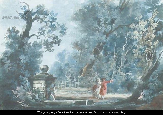 An elegant couple by a fountain in a park - French School