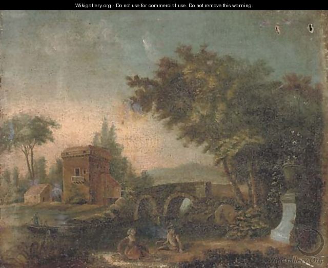 A wooded river landscape with a couple on the river bank, a bridge beyond - French School