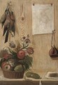 A trompe l'oeil of birds hanging from a nail and a drawing stuck to a woooden partition - French School
