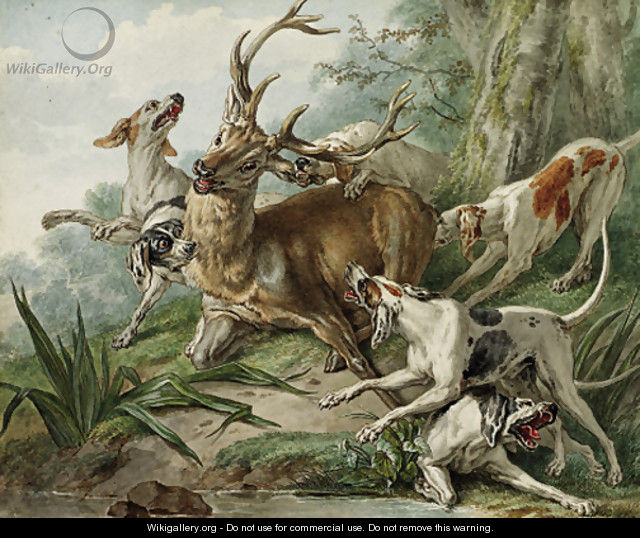 A stag attacked by hounds - French School