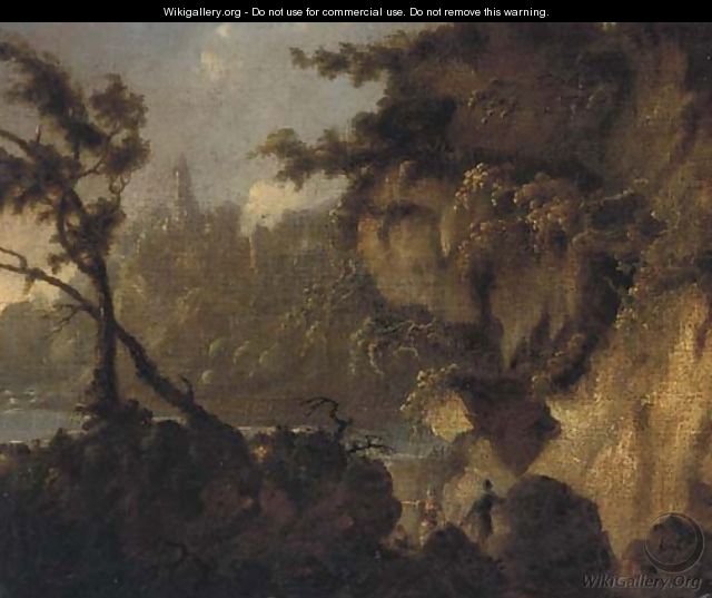 A mountainous landscape with two soldiers - French School