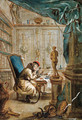 A Monkey studying at a desk in a library - French School