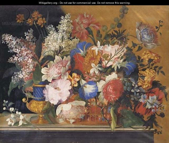 A basket and a vase with Flowers - French School
