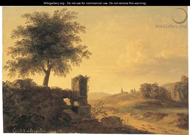 An extensive mountainous landscape at sunset, the ruins of a Roman tomb on a promontory in the foreground, a church beyond - French School