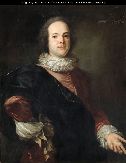 Portrait of a gentleman, three-quarter-length, in a red jacket with a white ruff and a blue mantle - French School