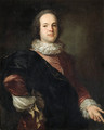 Portrait of a gentleman, three-quarter-length, in a red jacket with a white ruff and a blue mantle - French School