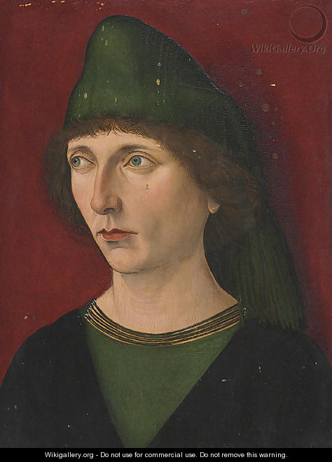 Portrait of a man, bust-length, in a green and black shirt and green cap - French School