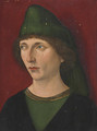 Portrait of a man, bust-length, in a green and black shirt and green cap - French School