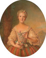 Portrait of a lady, half length, holding a pink carnation - French School