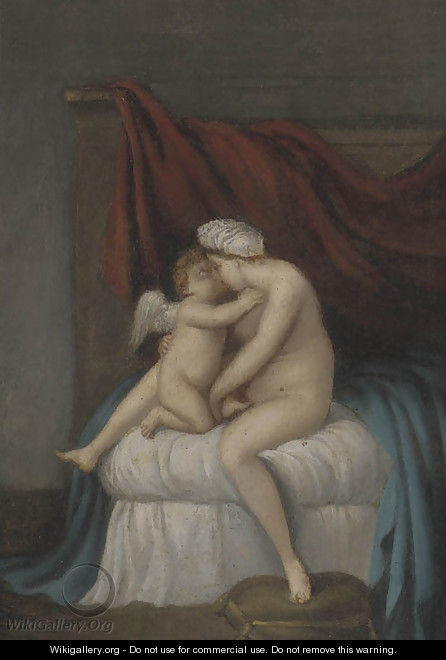 Cupid and Venus embracing on a bed - French School