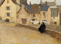 An elderly couple sitting at the side of a village street - French School