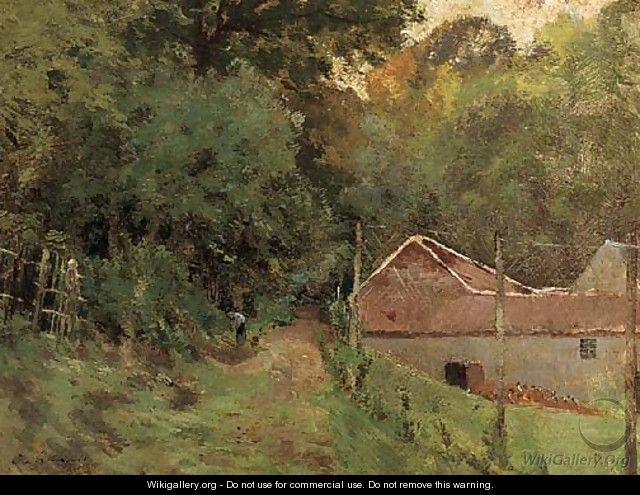 A figure on a wooded track by farm buildings - French School