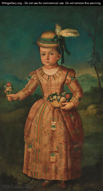Portrait of a girl, standing full-length, in an embroidered dress and feather plumed hat, holding flowers in her hands - French School