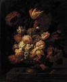 Parrot tulips, narcissi, carnations, peonies and other flowers in an urn on a stone ledge - French School