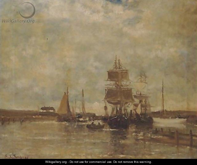Sailingships in a harbour, Britanny - French School