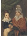 Portrait of a mother and son holding a rose - French School