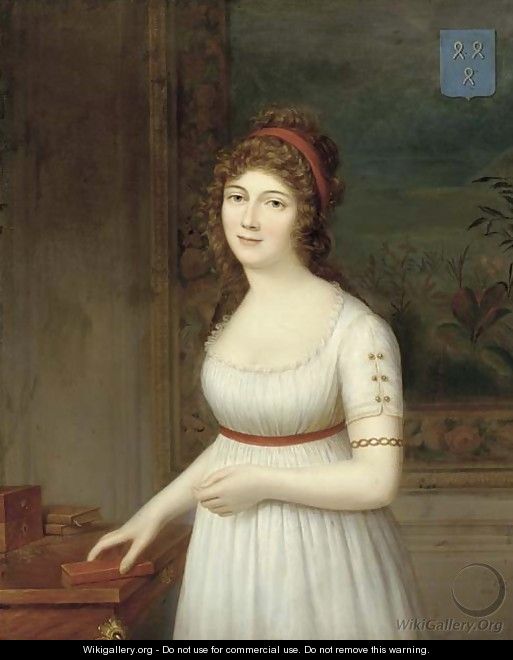 Portrait of a lady, three quarter-length, standing in an interior wearing a white empire style dress, her hand on a book - French School