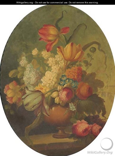 Flowers in a vase on a stone ledge - French School